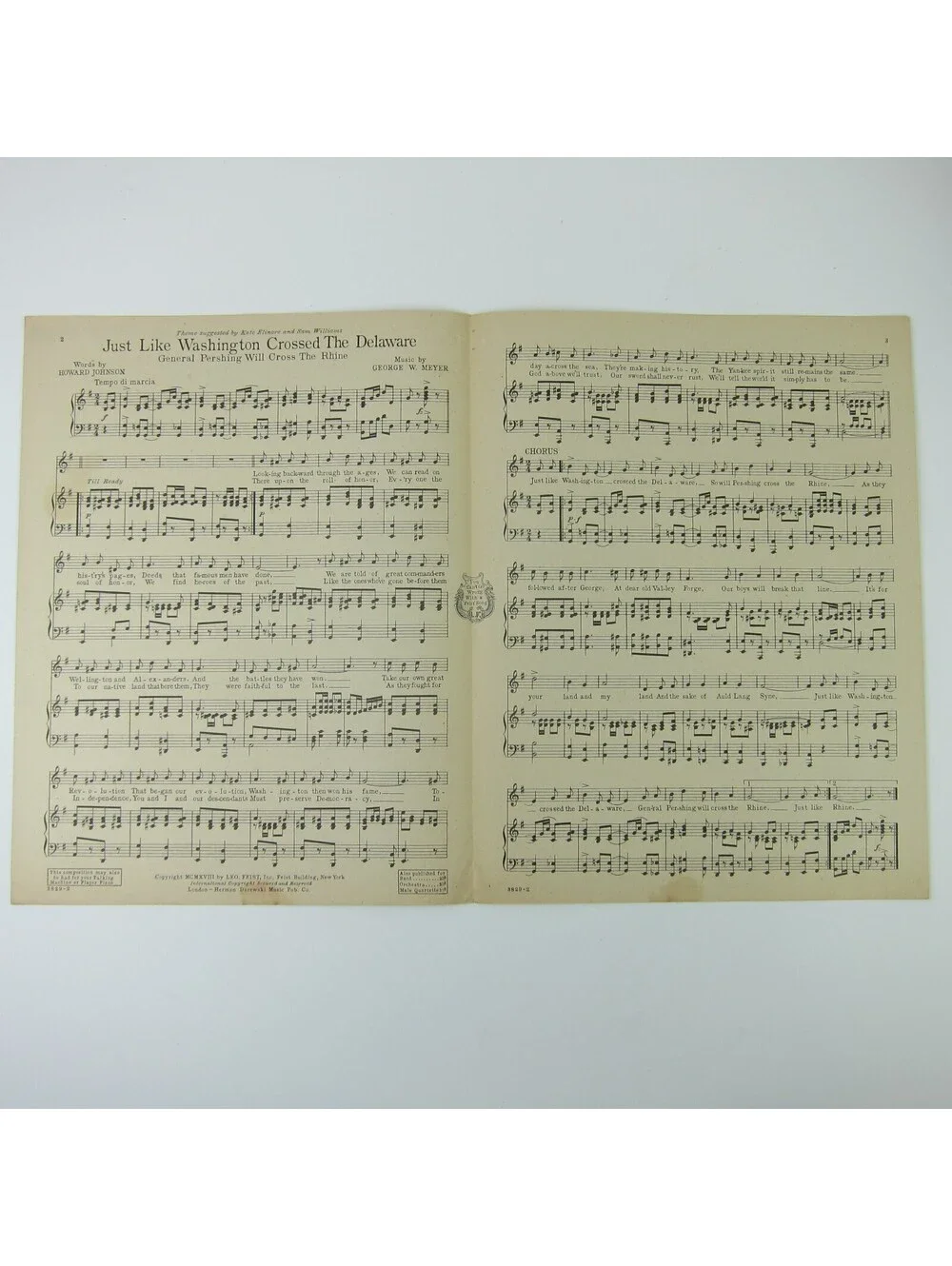 Sheet Music Just Like Washington Crossed Delaware General Pershing Antique 1918